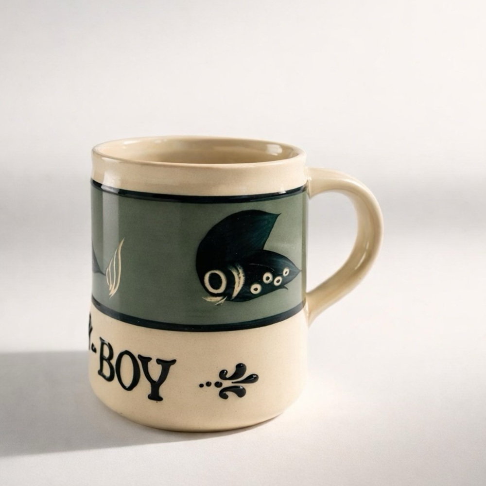 DADDY-BOY HOLKHAM POTTERY HAND-MADE NORFOLK ENGLAND MUG FISH SEAWEED HANDPAINTED